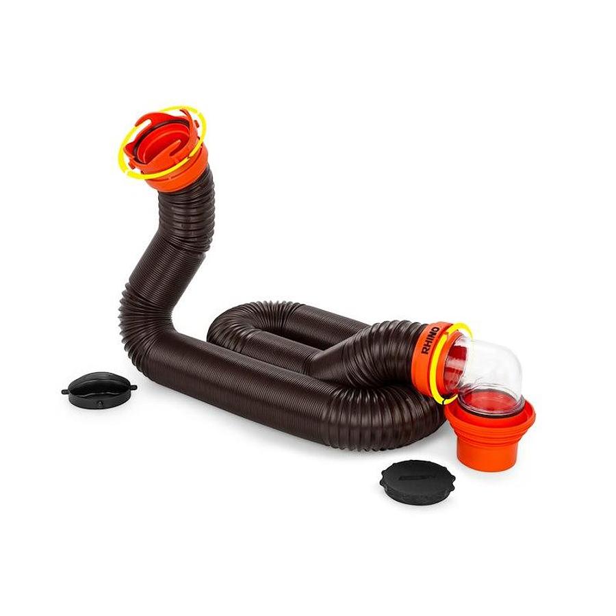 Septic Hose Kit 15ft when Extended, 3 Inch Diameter. Sewer Adapter With Exclusive Handle/ 4 End Caps, Translucent Elbow