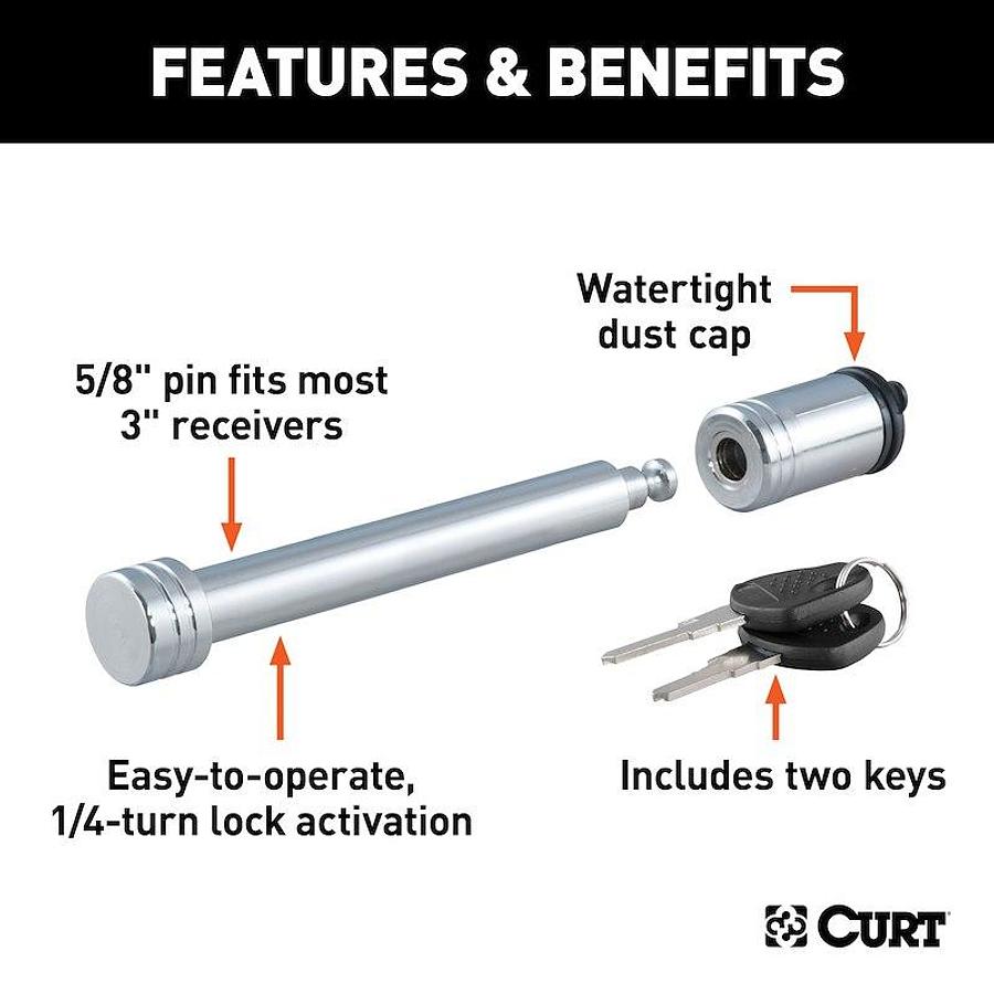 Hitch Pin Barbell, 5/8 Inch Diameter,  Fits 2, 2-1/2 and 3 IInch Receivers. W/ Dust Cap With 2 Keys