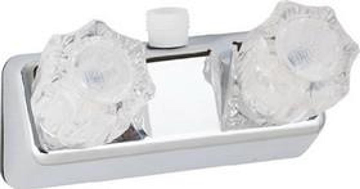 Bathtub Faucet. Single Piece 4 Inch Deck Mount With Shower Valve. 2 Clear Acrylic Knob Handle. Chrome Plated; Plastic