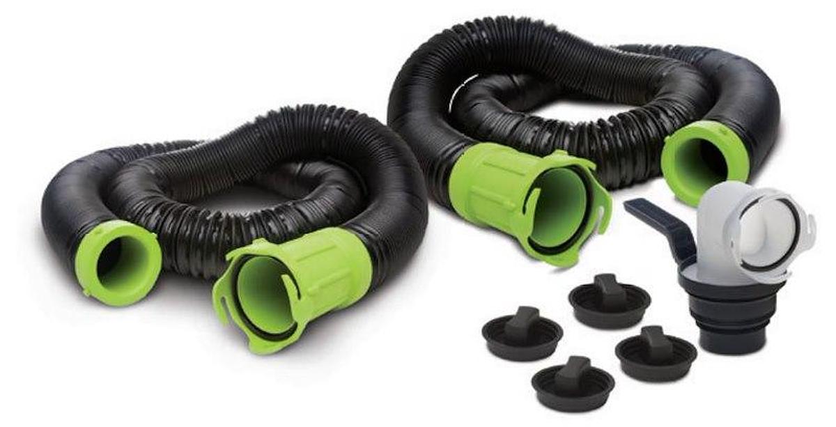 Septic Hose Kit 20ft when Extended Length When Combined (Two 10 Foot Length Hoses) kit; 3 Inch Diameter. Sewer Adapter With Exclusive Handle/ 4 End Caps