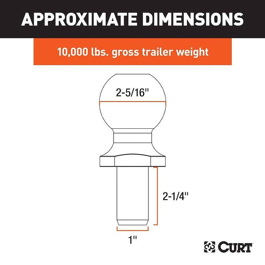 Hitch Ball; 2-5/16 Inch Ball; 10000 Pounds Gross Trailer Weight Capacity; 1 Inch Shank Diameter/ 2-1/4 Inch Shank Length/ 0 Inch Rise