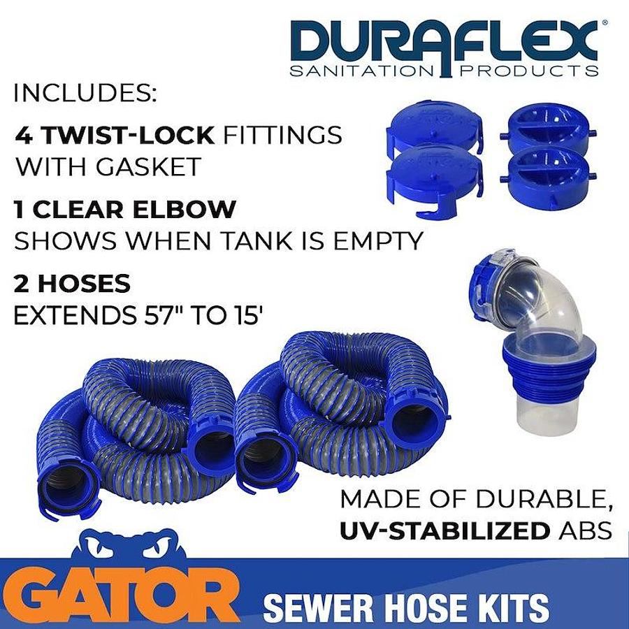 30 Foot Extended Length. 114 Inch Compressed Length. 3 Inch Hose Diameter Septic Hose, W/ Four Drip Caps, & Clear Elbow
