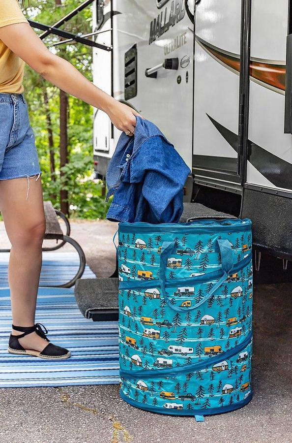 Collapsible Container, Life Is Better At The Campsite. Pop-Up Utility Container; 18 Inch Diameter x 24 Inch Height When Open/ 2-1/2 Inch Height When Collapsed, Holds 30 Gallon Kitchen