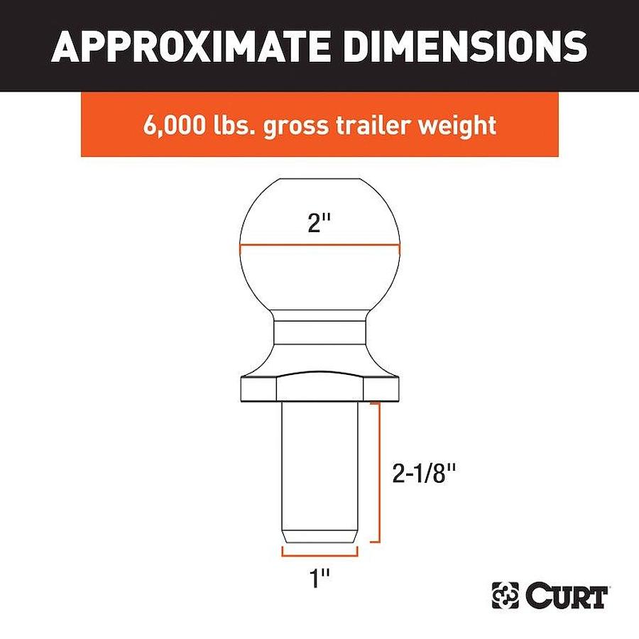 Hitch Ball; 2 Inch Ball; 6000 Pounds Gross Trailer Weight Capacity; 1 Inch Shank Diameter/ 2-1/8 Inch Shank Length/ 0 Inch Rise