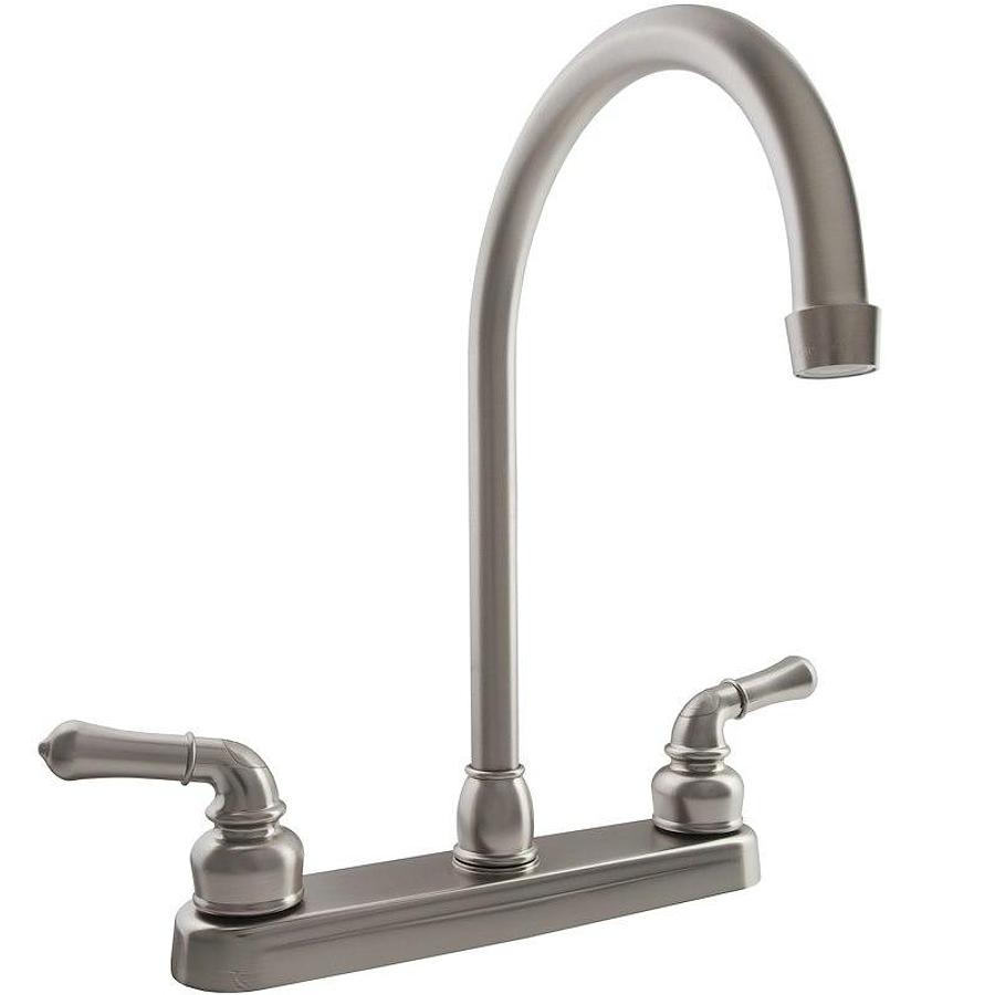 Kitchen Faucet. Single Piece 8 Inch Deck Mount; 12 Inch J-Spout; 2 Teapot Classical Handle. 2 Hole Application. Washerless Cartridge Valve. Color: Brushed Satin Nickel Plated/ Plastic Body/ Brass Spout;