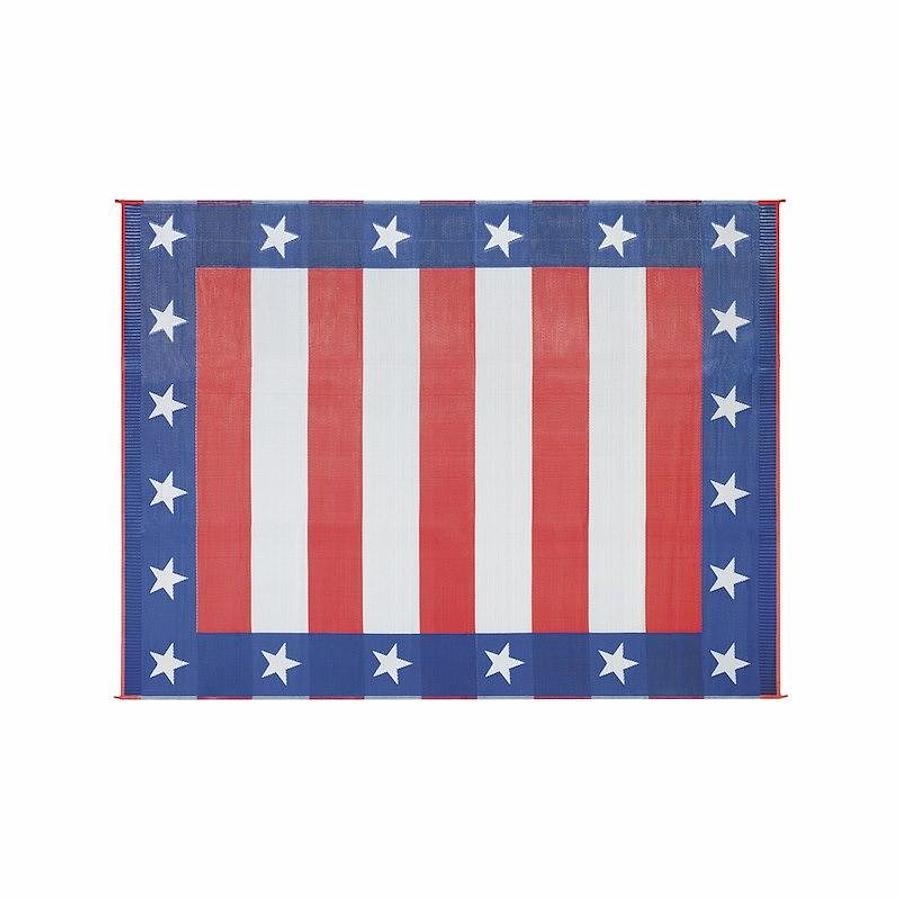 Patio Mat. Independence Day Design. 20 Ft L x 8 Ft W. Red/ White/ Blue, Polypropylene, Reversible Fabric, Mold And Mildew Resistant