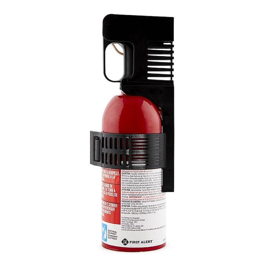 Fire ExtinguisherRated 5-B:C. Sodium Bicarbonate Extinguishing Agent. US DOT Approved; 1.4 Pound Bottle, Steel, Red, W/ Plastic Strap Mounting Bracket, W/ Pin Pressure