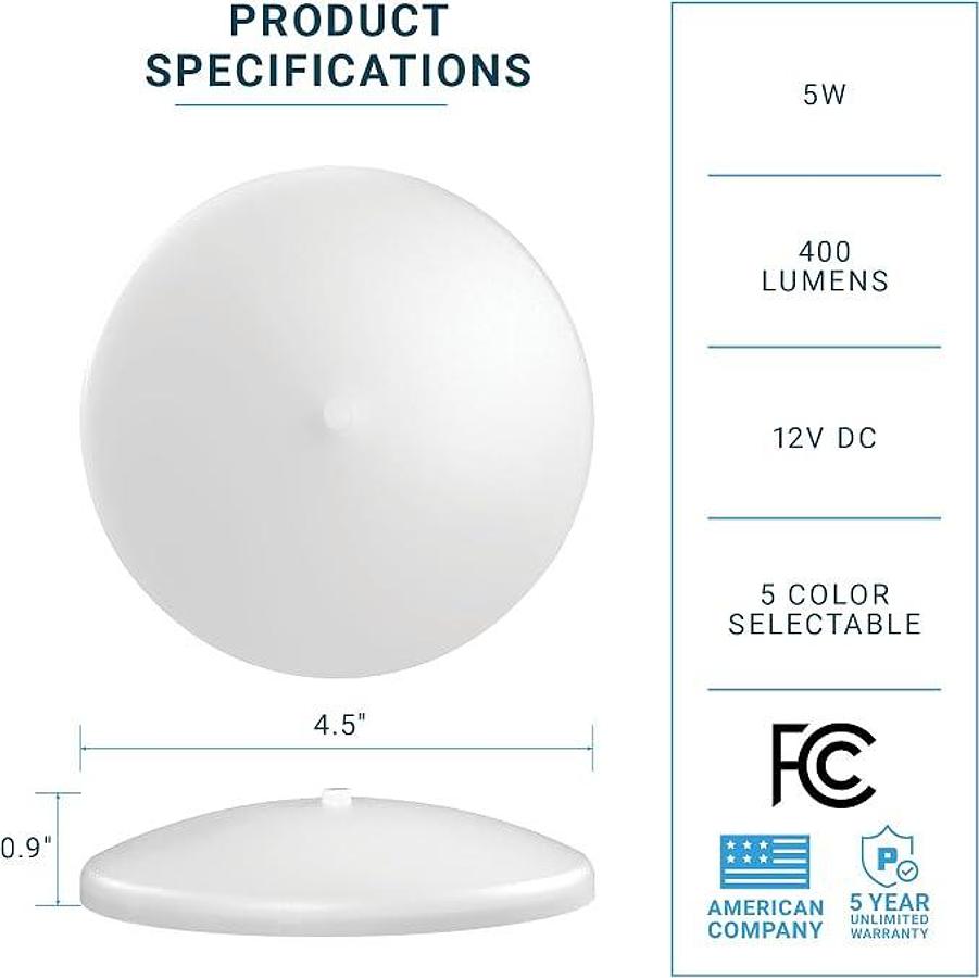 PARMIDA LED RV Dome Ceiling Lights 5CCT, On/Off Switch, Dimmable, Surface Mount Interior Puck Light, 5W, 27/3/35/4/5/6K, 4.5 Inch