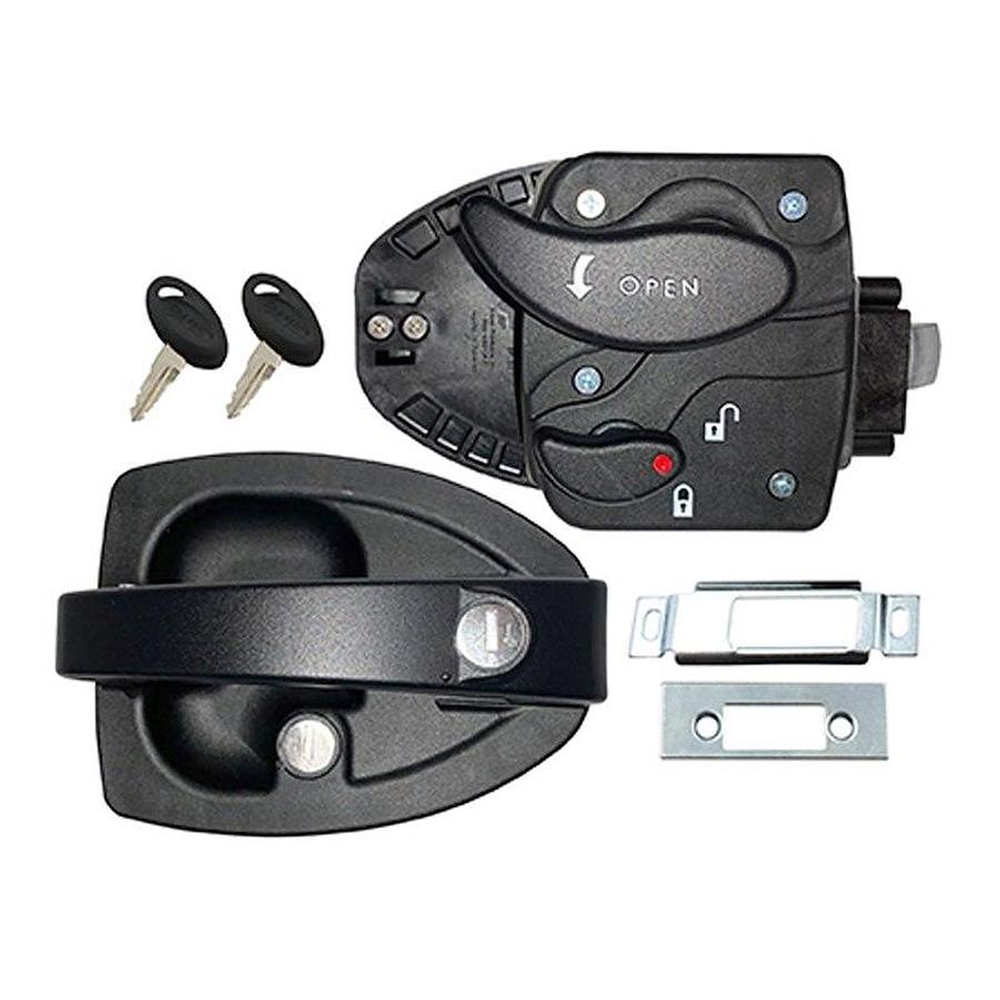 Entry Door Paddle Style Squeeze Handle For Travel Trailer Lock W/Cut Out Dimensions Of 3-3/4 In x 2-3/4 In Black Metal Base/ Plastic Handle; W/ Mounting Hardware & Key