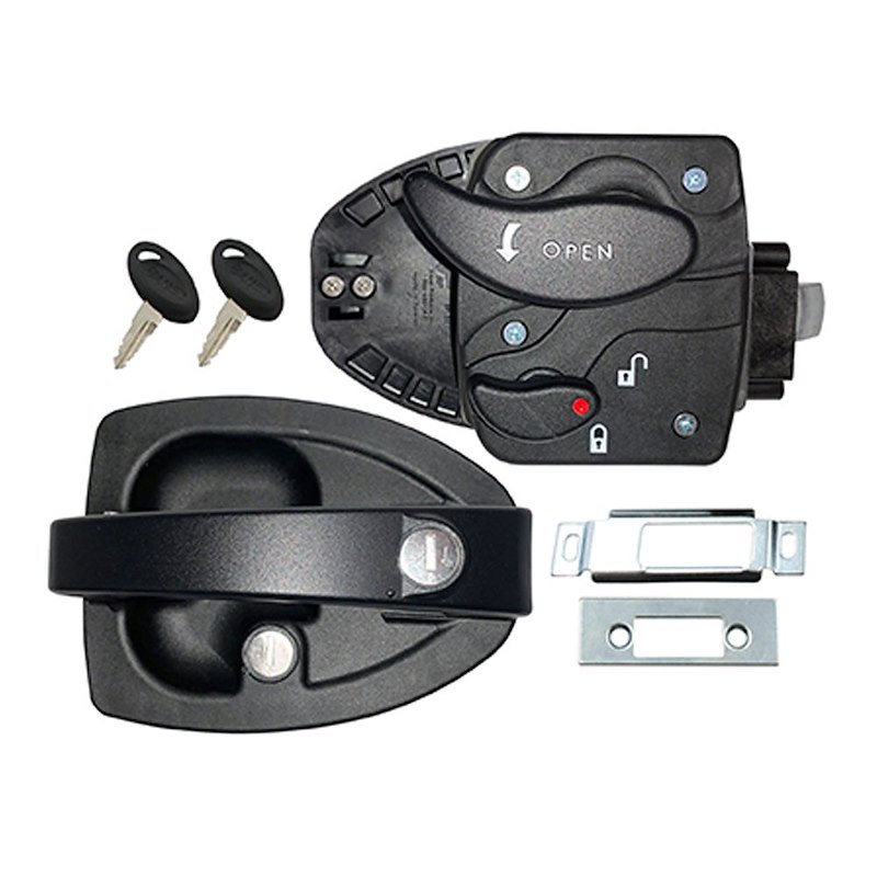 Entry Door Paddle Style Squeeze Handle For Travel Trailer Lock W/Cut Out Dimensions Of 3-3/4 In x 2-3/4 In Black Metal Base/ Plastic Handle; W/ Mounting Hardware & Key