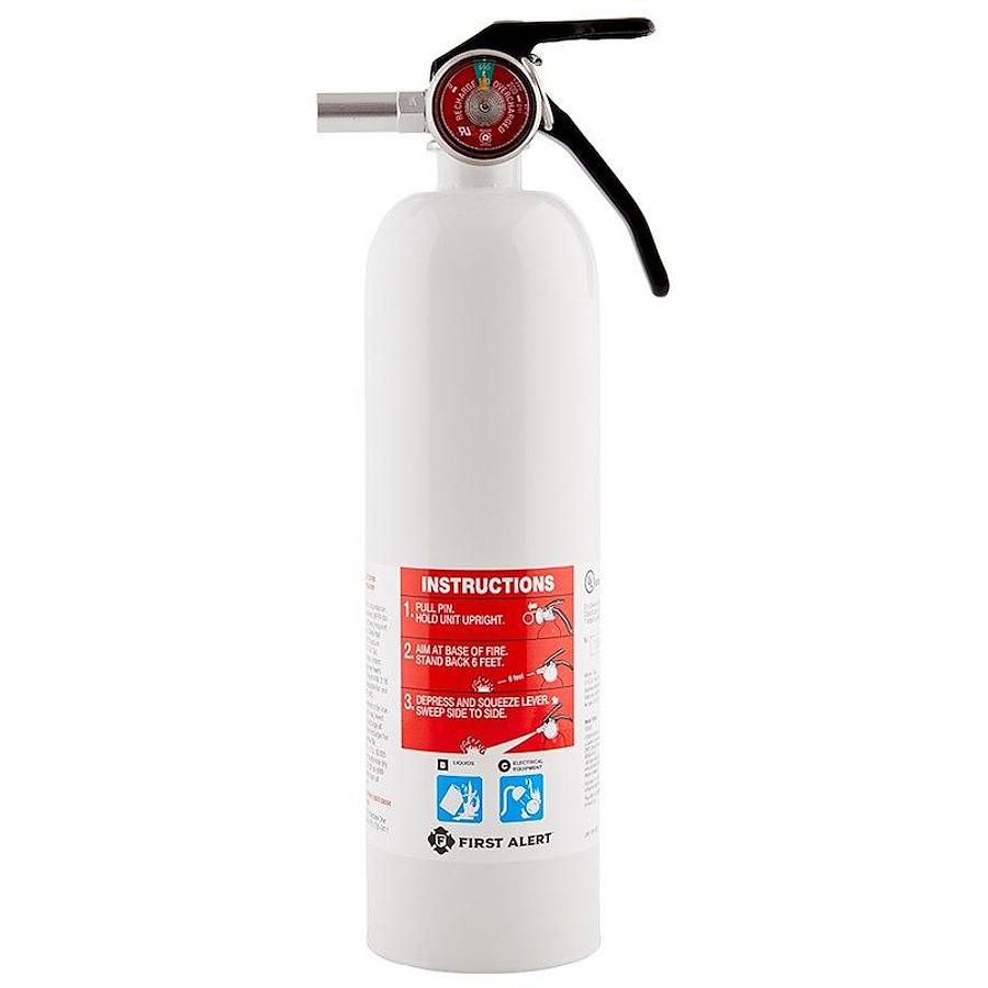 Fire Extinguisher UL Rated 5-B:C; Sodium Bicarbonate Extinguishing Agent. 2 lb Bottle. Steel, White, W/Mounting Bracket, W/Gauge