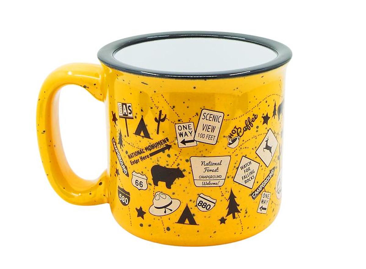 Cup, Coffee Mug, 15 Ounce Capacity, W/ Handle. Tangerine Trip Design, Tangerine, Ceramic. Dishwasher & Microwave Safe
