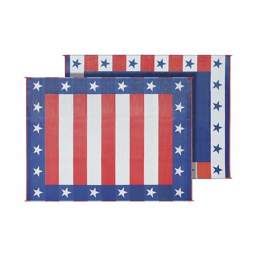Patio Mat. Independence Day Design. 20 Ft L x 8 Ft W. Red/ White/ Blue, Polypropylene, Reversible Fabric, Mold And Mildew Resistant