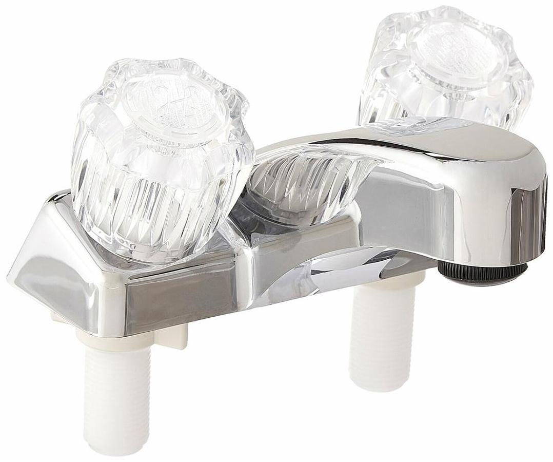 Lavatory Faucet. Single Piece 4 Inch Deck Mount. 2 Clear Acrylic Knob Handle. Chrome Plated. Plastic