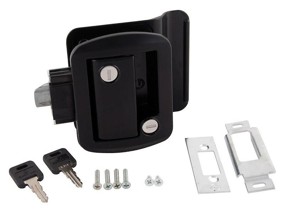 Entry Door Handle Paddle Style Travel Trailer Lock. W/ Cut Out Dimensions Of 2-3/4 Inch x 3-1/4 Inch W/ Built-In Dead Bolt Latch & Keys