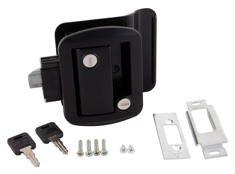 Entry Door Handle Paddle Style Travel Trailer Lock. W/ Cut Out Dimensions Of 2-3/4 Inch x 3-1/4 Inch W/ Built-In Dead Bolt Latch & Keys