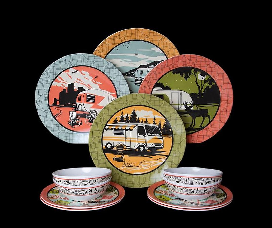 ish Set; Camp Casual ®; 12 Piece Set; Camping Images. Multiple Color, Melamine, W/ Four 11 Inch Dinner Plates/ Four 8-1/2 Inch Salad Plates And Four 6 Inch Bowls. BPA free
