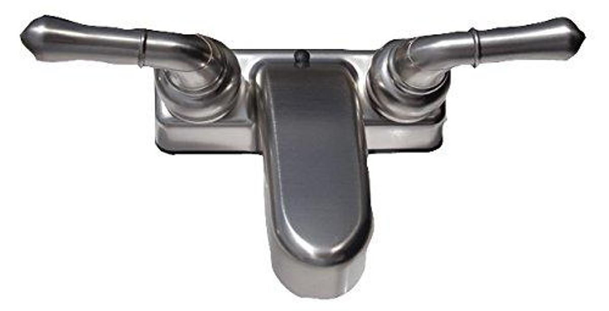 Lavatory Faucet, Lead Free. Single Piece Deck Mount, 2 Teapot Designer Handle. Brushed Nickel. Plastic