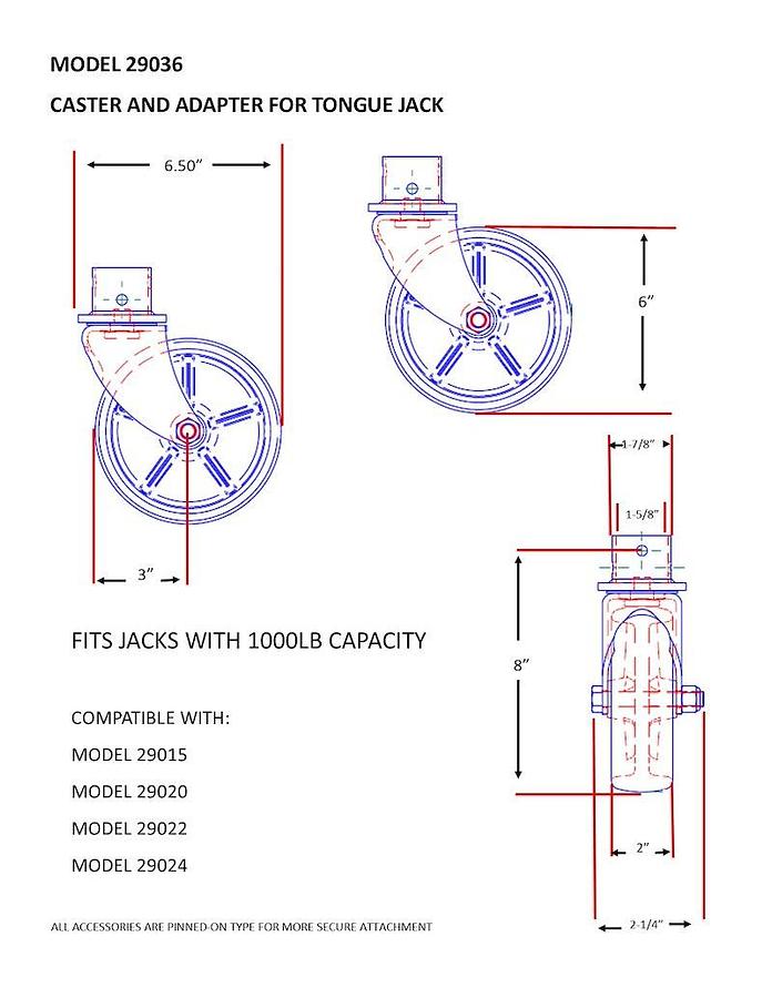 Trailer Tongue Jack Caster. Fits 1000 Pound Jack With 2 Inch Round Inner Tube. 6 Inch Wheel Diameter