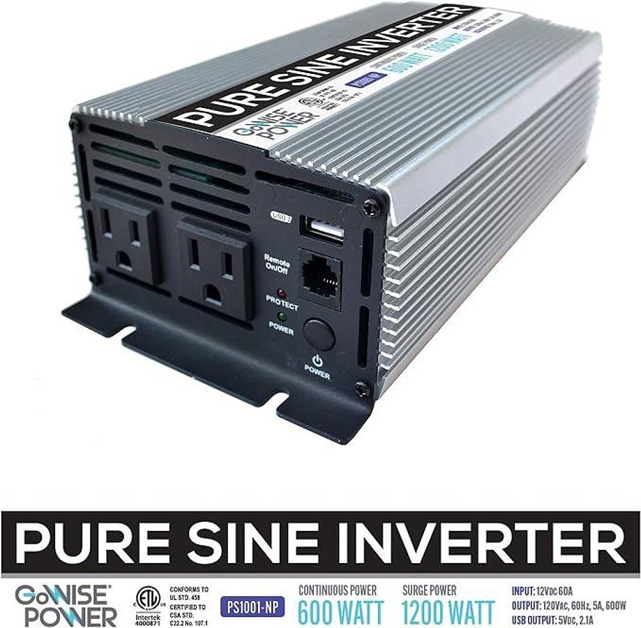 Pure Sine Wave Inverter 600w 12V DC TO 115V AC W/ 2 AC Outlets 1 -5VOLT USB Port
