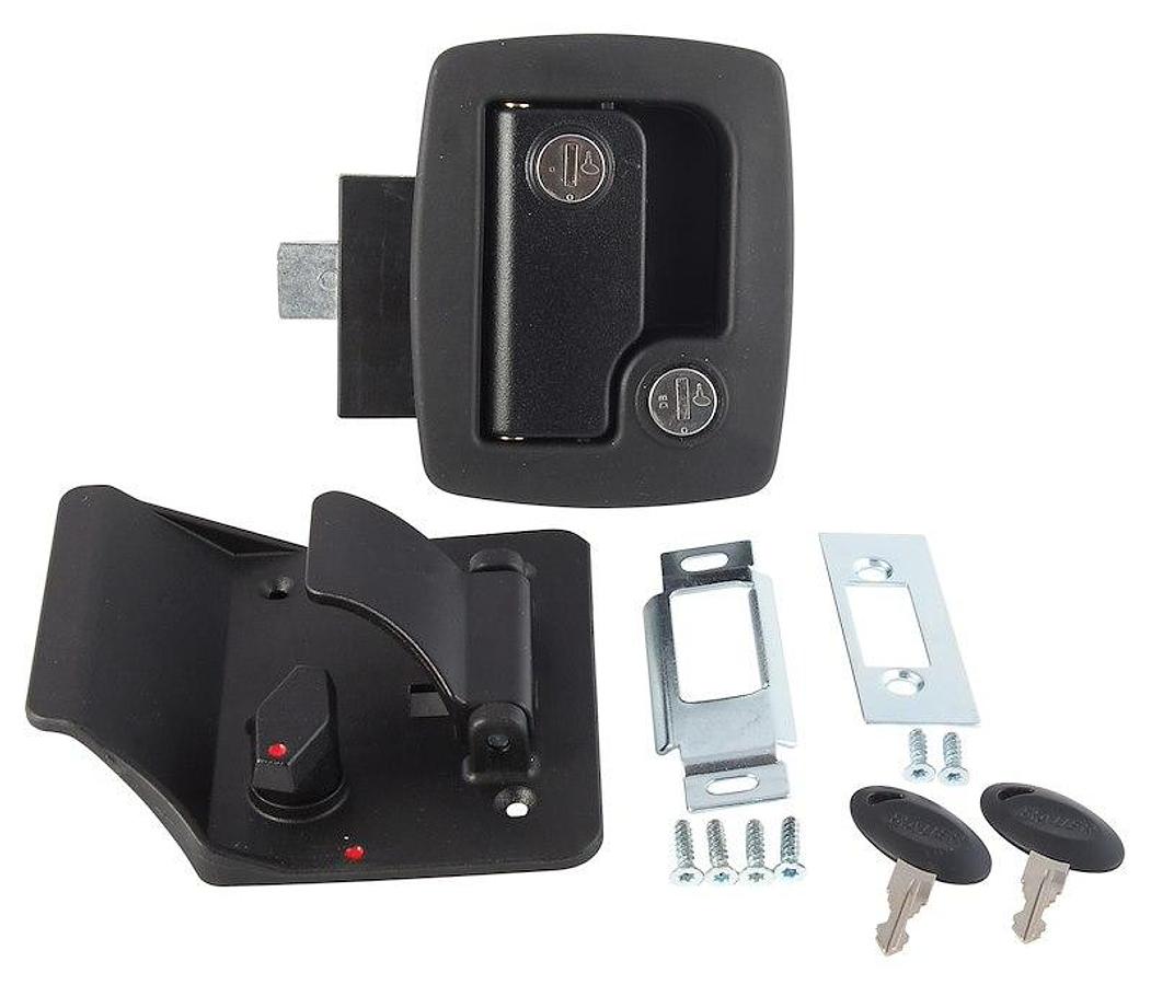 Entry Door Latch  Fits most Travel Trailers, Camper Has Two Keys/ Door Edge Cover Plate/ Strike Plate/ Mounting Screws, Black 