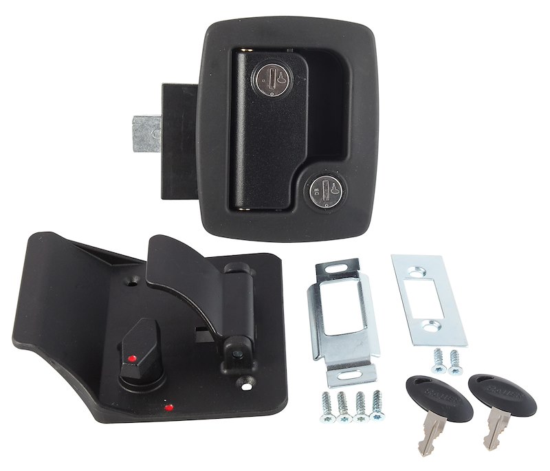 Entry Door Latch  Fits most Travel Trailers, Camper Has Two Keys/ Door Edge Cover Plate/ Strike Plate/ Mounting Screws, Black 