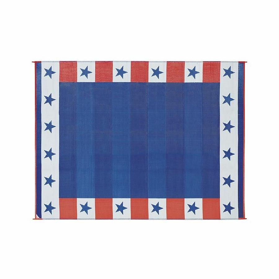 Patio Mat. Independence Day Design. 20 Ft L x 8 Ft W. Red/ White/ Blue, Polypropylene, Reversible Fabric, Mold And Mildew Resistant