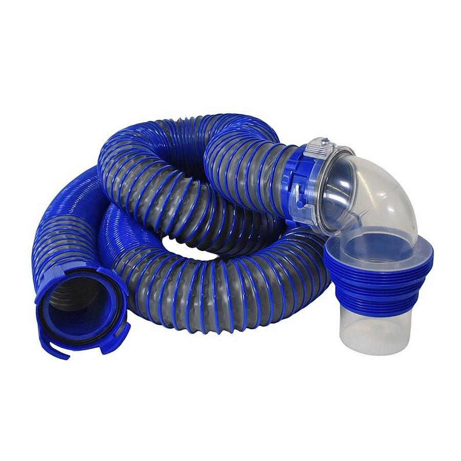 30 Foot Extended Length. 114 Inch Compressed Length. 3 Inch Hose Diameter Septic Hose, W/ Four Drip Caps, & Clear Elbow