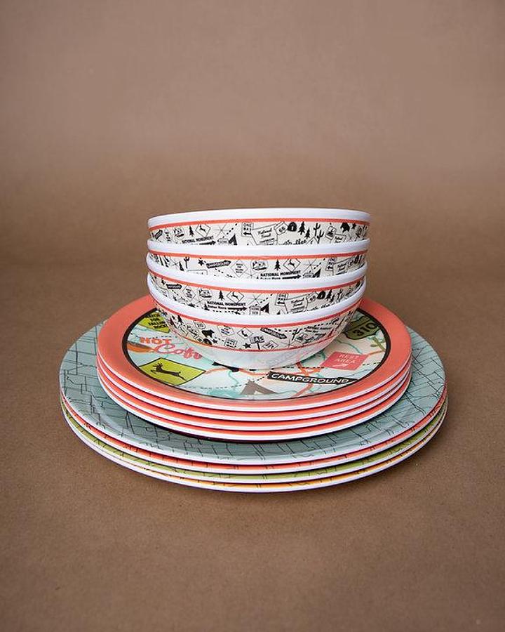 ish Set; Camp Casual ®; 12 Piece Set; Camping Images. Multiple Color, Melamine, W/ Four 11 Inch Dinner Plates/ Four 8-1/2 Inch Salad Plates And Four 6 Inch Bowls. BPA free