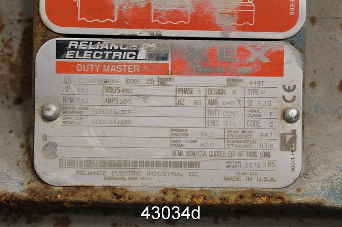 Used Reliance 150 Hp A/C Motor, 710 Rpm, 460 Volts #43034