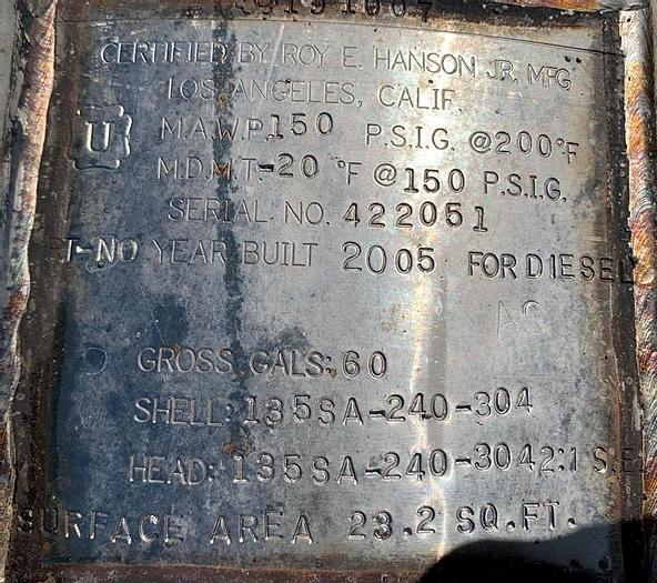 Used Tank, 40 Gallon, 304 S/st, 16" X 36", 150 PSI, DT/DB #S743654