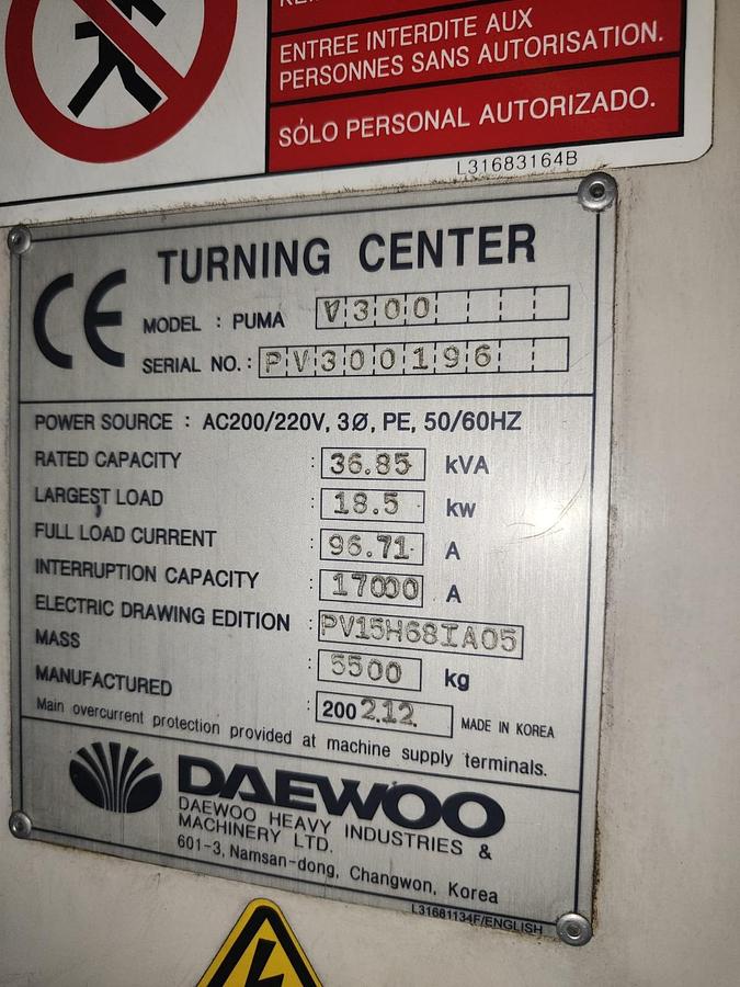 Used 2001 DAEWOO PUMA V300 VERTICAL LATHE