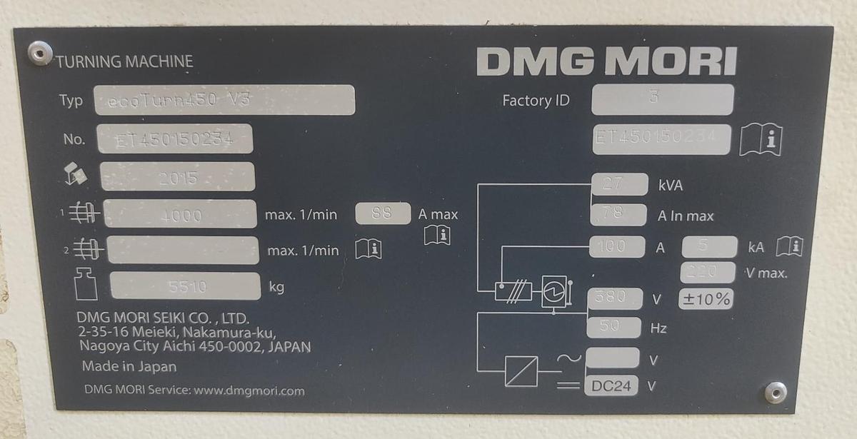 Used 2015 DMG MORI CNC lathe mod.ecoTURN 450M V3