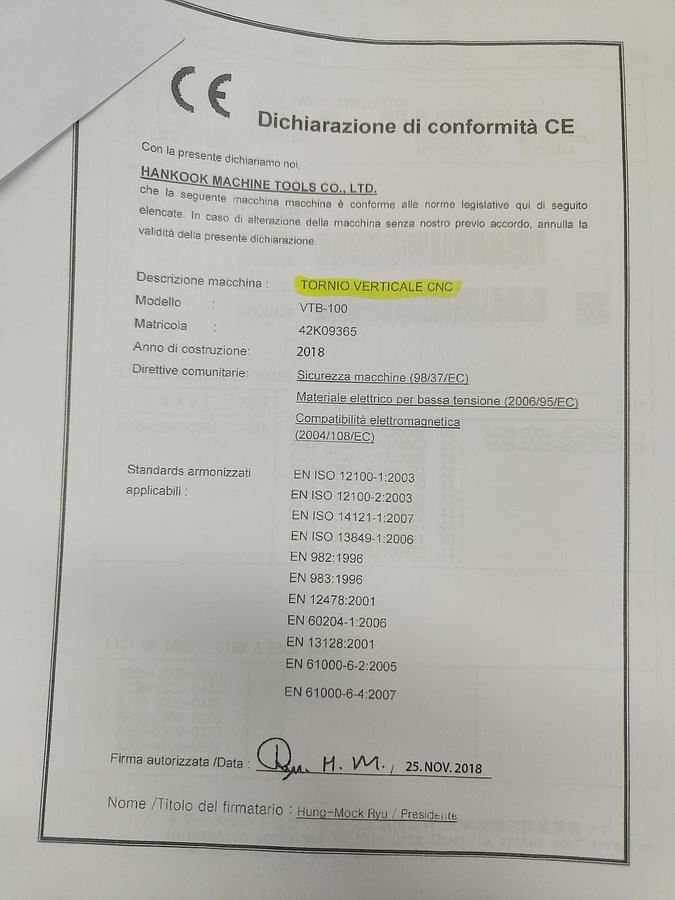 Used 2018 VERTICAL LATHE HANKOOK model.VTB 100