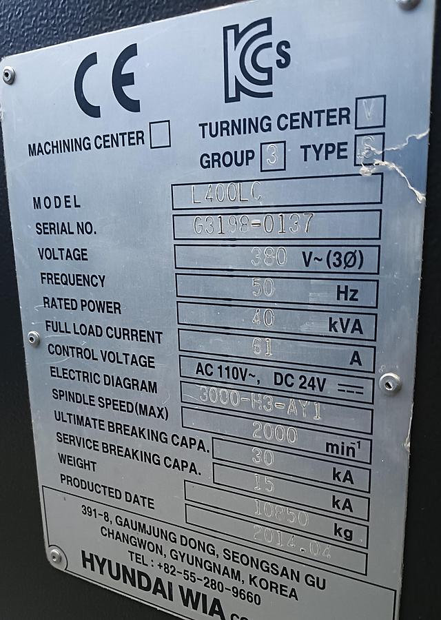 Used 2014 HYUNDAI CNC LATHE mod.L400LC