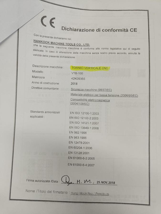 Used 2018 VERTICAL LATHE HANKOOK model.VTB 100
