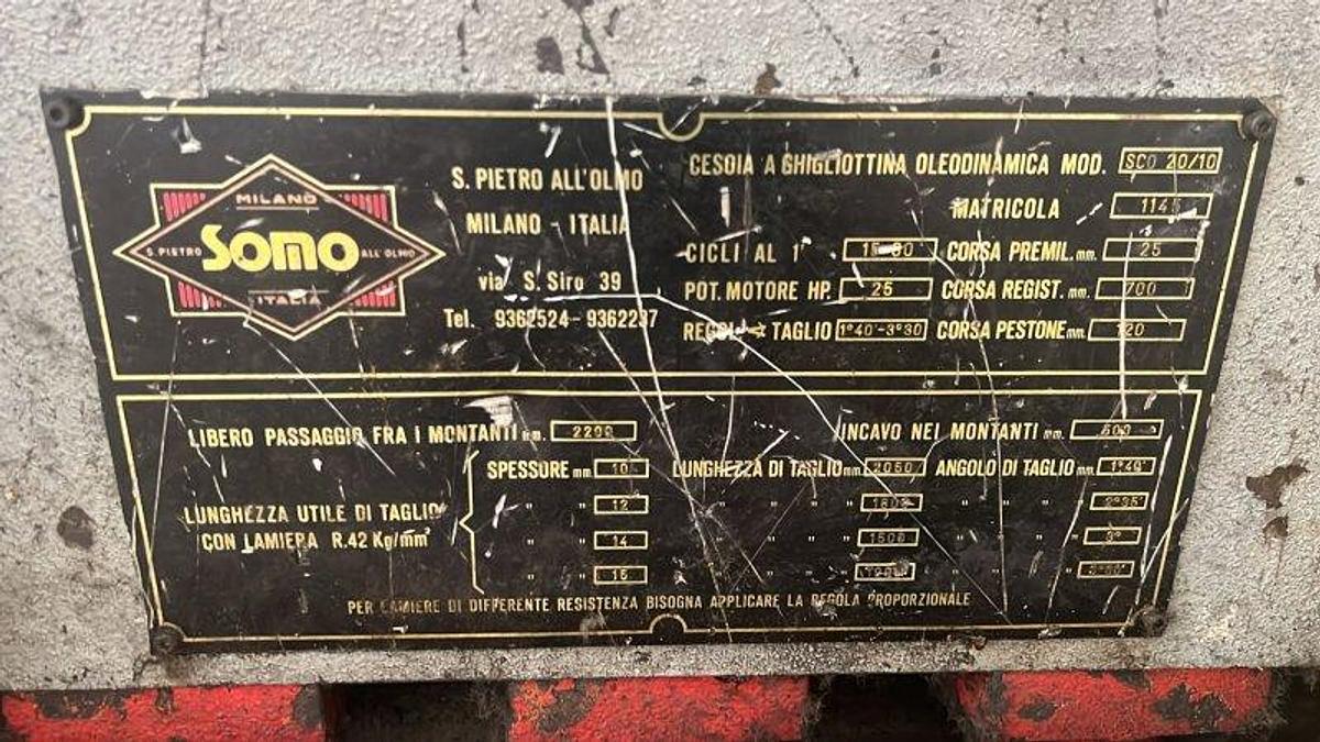 Used SOMO Hydraulic Guillotine Shear 2000 x 10 mm – Heavy Duty Sheet Metal Shear
