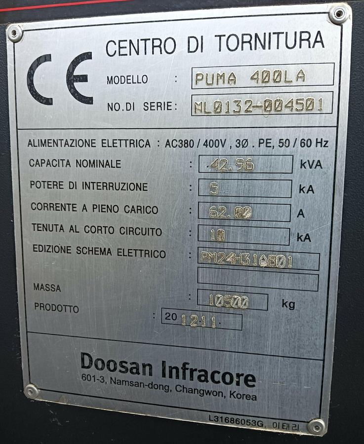 Used 2012 DOOSAN CNC lathe mod.PUMA 400 LA