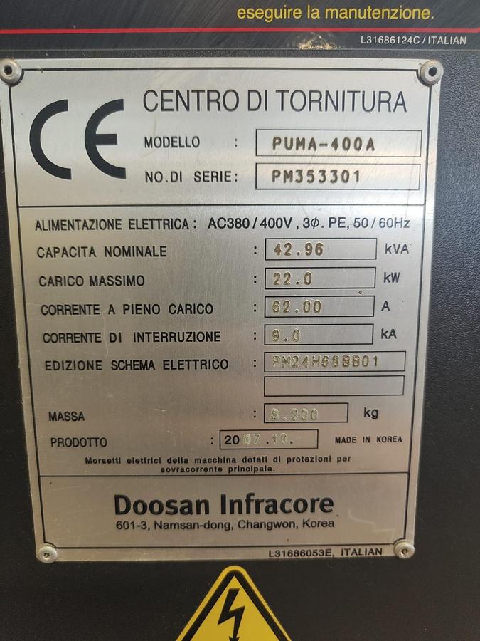 Used 2007 DOOSAN LATHE mod. PUMA 400 A