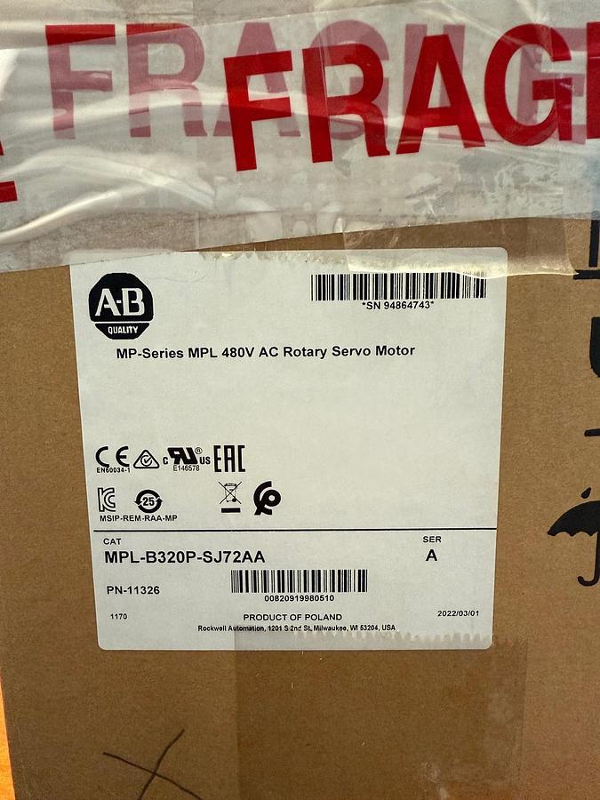 Used Allen-Bradley MP-Series MPL 480V AC Rotary Servo Motor – Cat. MPL-B320P-SJ72AA