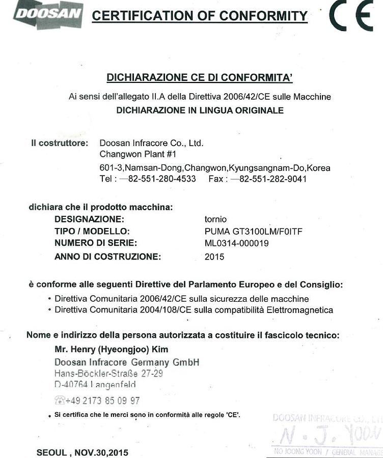 Gebraucht 2015 TORNIO DOOSAN mod.PUMA GT 3100 LM