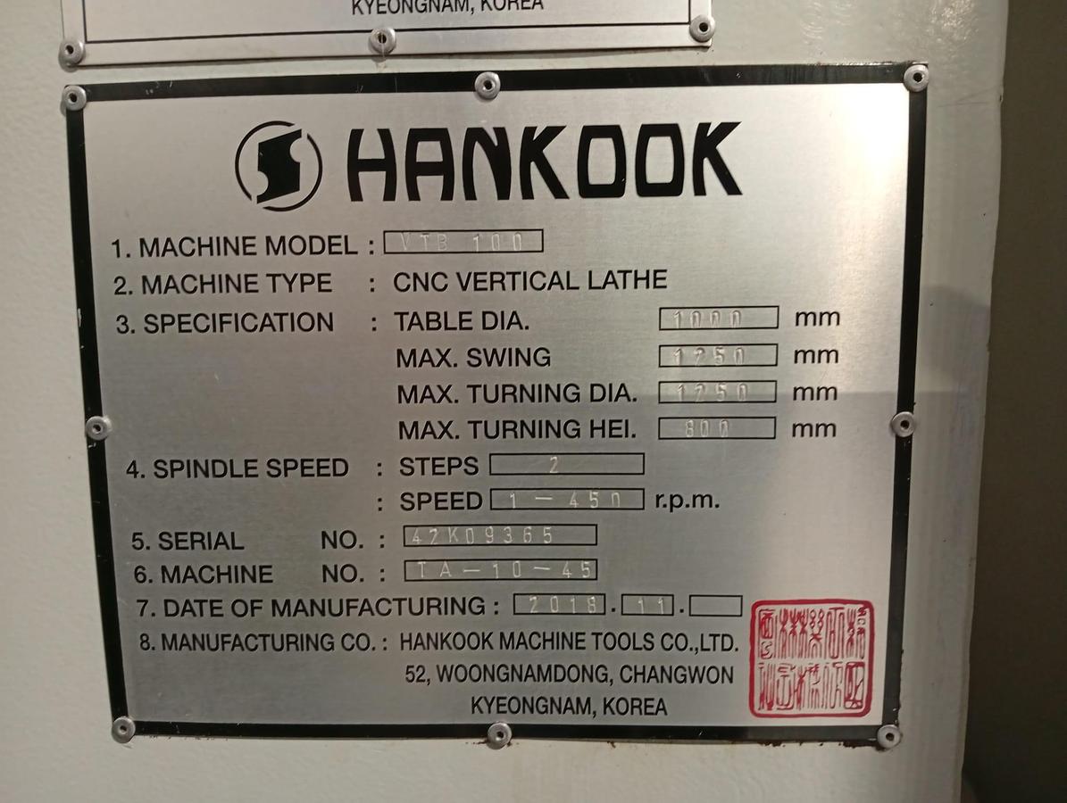 Used 2018 VERTICAL LATHE HANKOOK model.VTB 100