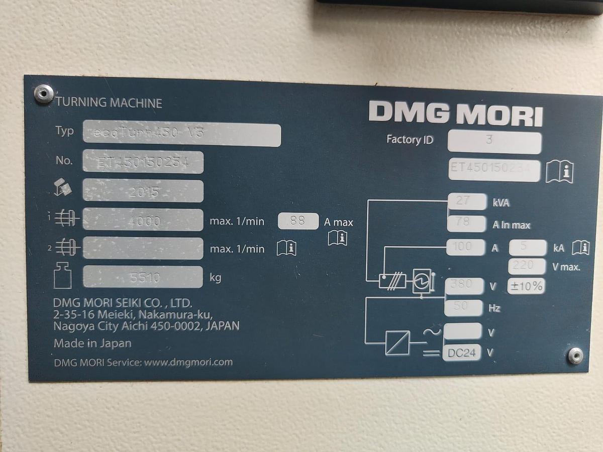 Used 2015 DMG MORI CNC lathe mod.ecoTURN 450M V3
