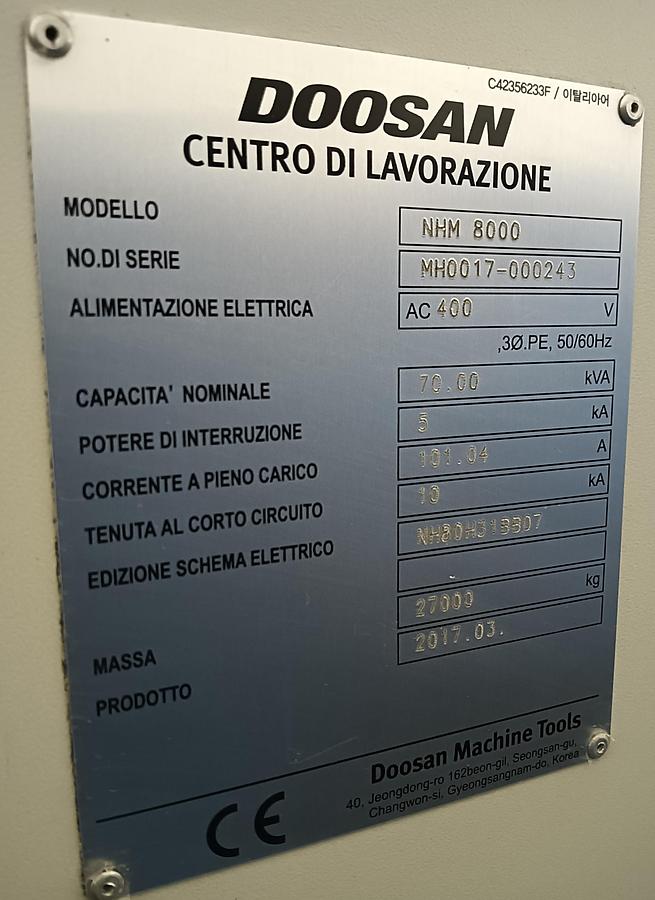 Used 2017 DOOSAN HORIZONTAL CENTER mod.NHM 8000