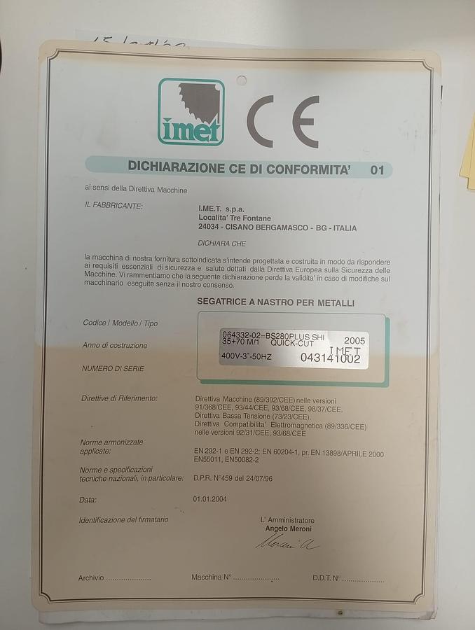 Used SCIE À METTRE EN MARCHE SEMIAUTOMATIQUE IMET mod.BS 280 PLUS SHI