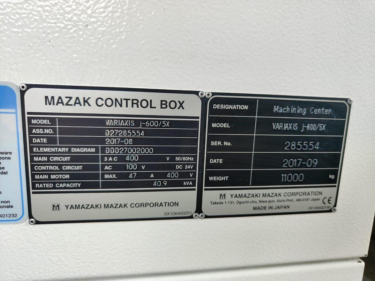 Used 2017 CENTER A 5-AXIS MAZAK model.VARIAXIS J 600 – 5 X