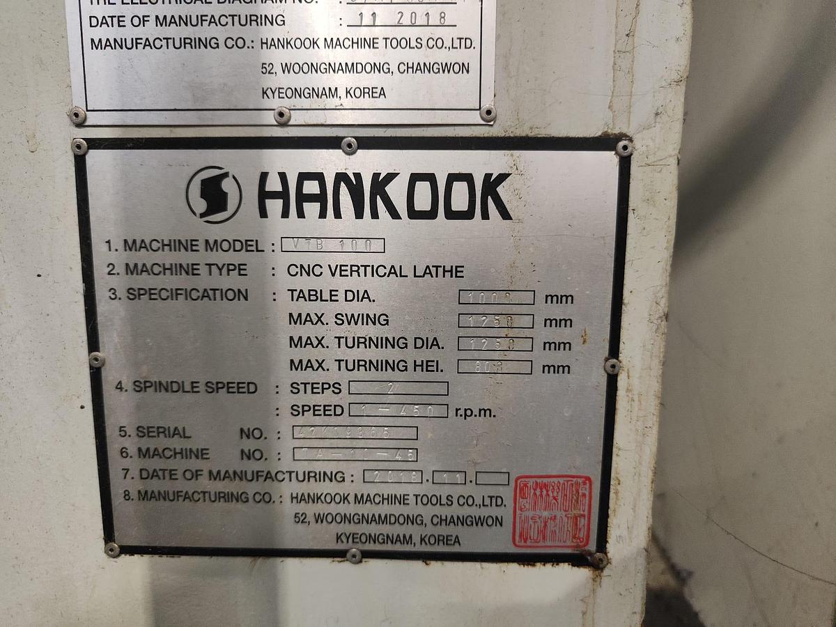 Used 2018 VERTICAL LATHE HANKOOK model.VTB 100