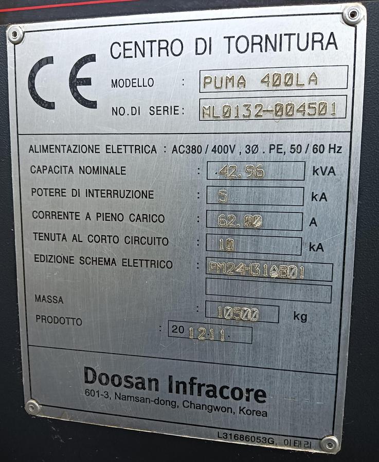 Used 2012 DOOSAN CNC lathe mod.PUMA 400 LA