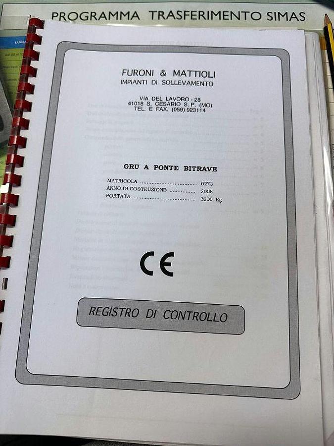 Used 2008 Foroni & Mattioli 3.2 ton overhead crane