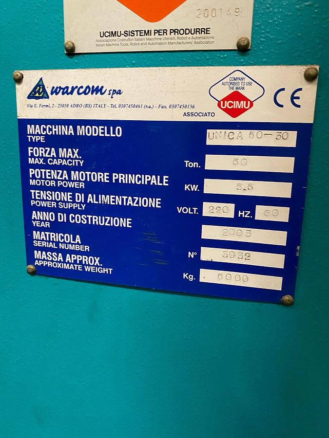 Used WARCOM HYDRAULIC PRESS BRAKE MOD. UNICA 50\30